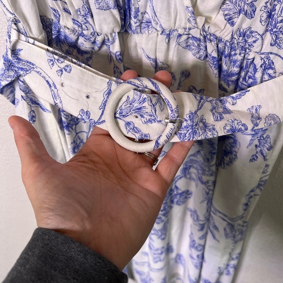 Mango Dress Size 6Women Blue White Striped Floral Knee Length Bubble Sleeve Belt - Picture 5 of 9